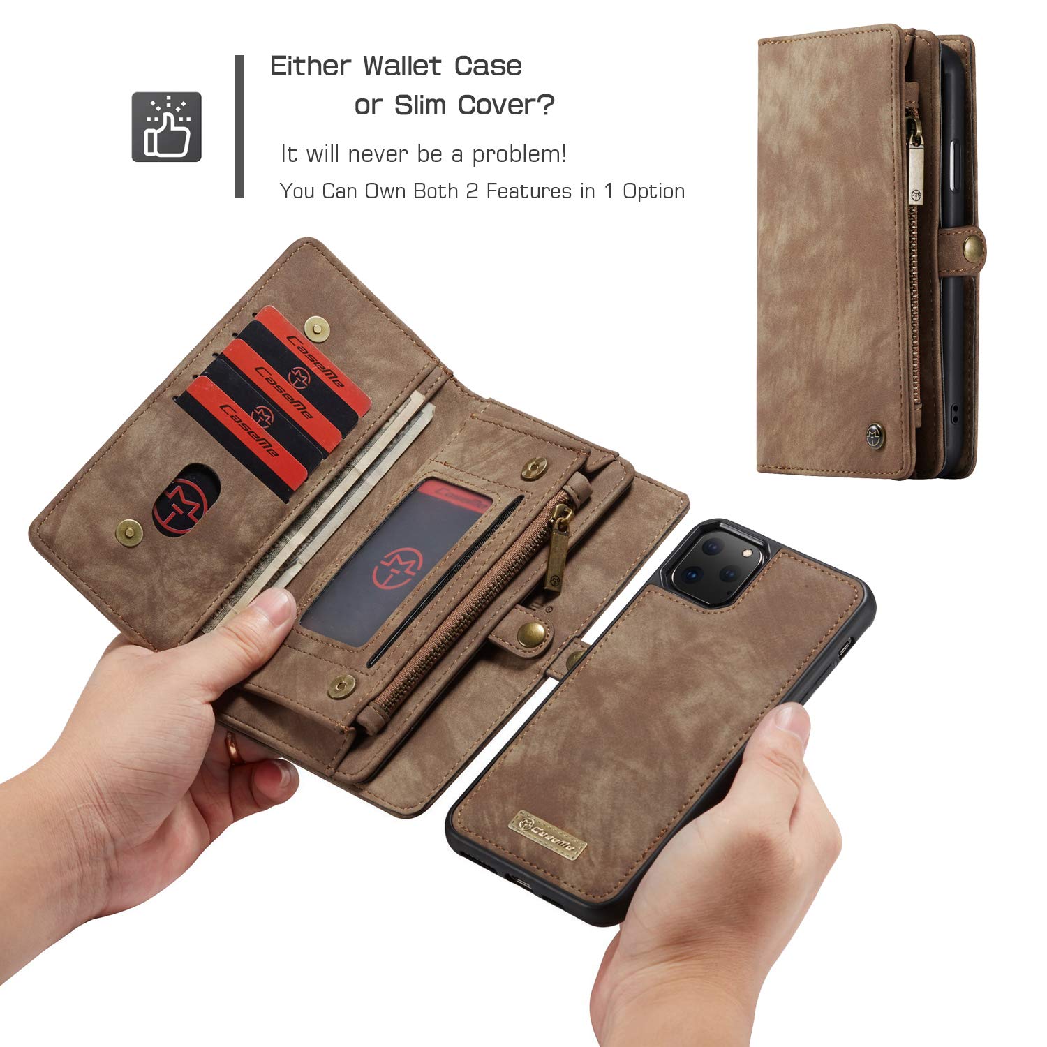 SWP - Custodia a Portafoglio per iPhone 11 da 6,1 Pollici, con Porta Carte di Credito, Chiusura Magnetica Staccabile per iPhone 11, Marrone, iPhone 11 PRO Max 6.5