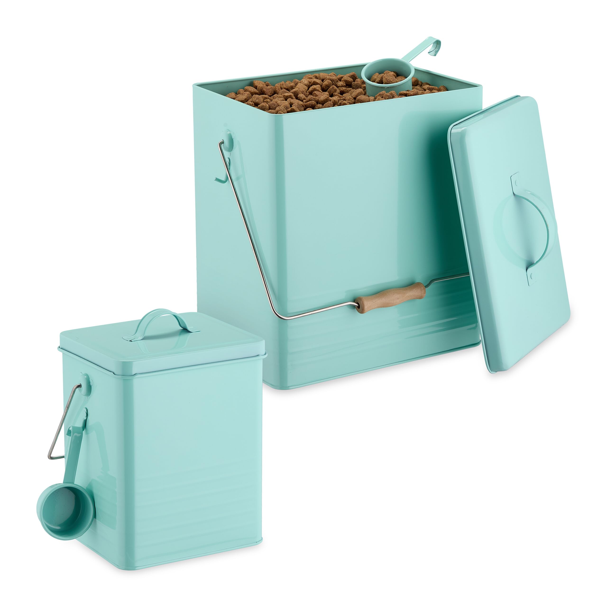 Relaxdays Scatola per Crocchette Cane, Set 2 Contenitori Cibo per Gatti, 5,5L e 16L, Porta Mangime con Paletta, Turchese