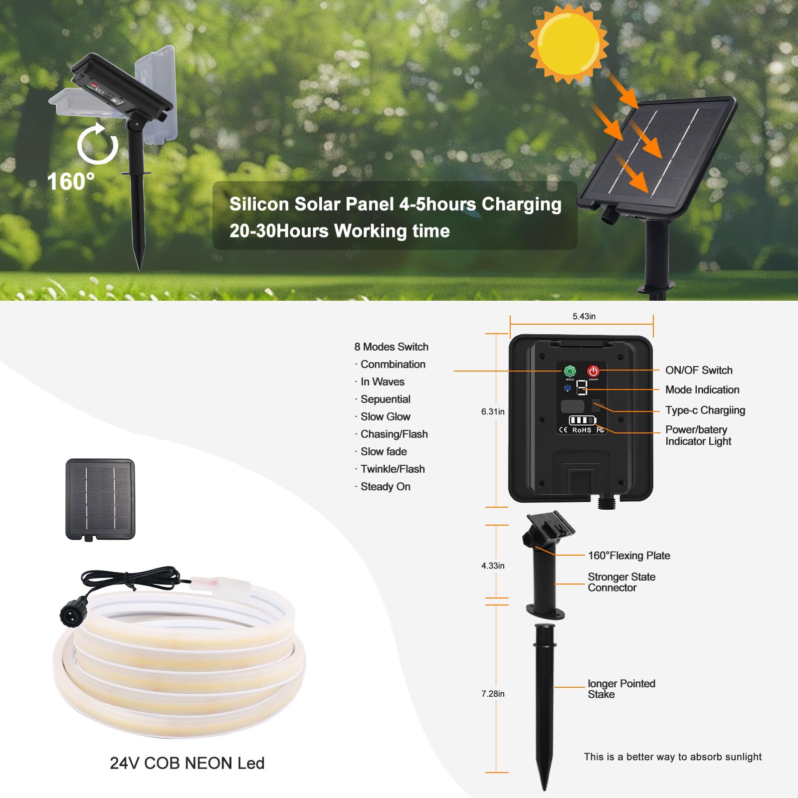 24V Solar LED Streifen, 8 Modi Lichtband Außen Neon Lichterkette, Neon Stripe Cuttable 5cm, 320LEDs/m Superheller COB LED Band für Terrasse, Innenhof(Warmweiß，5m)