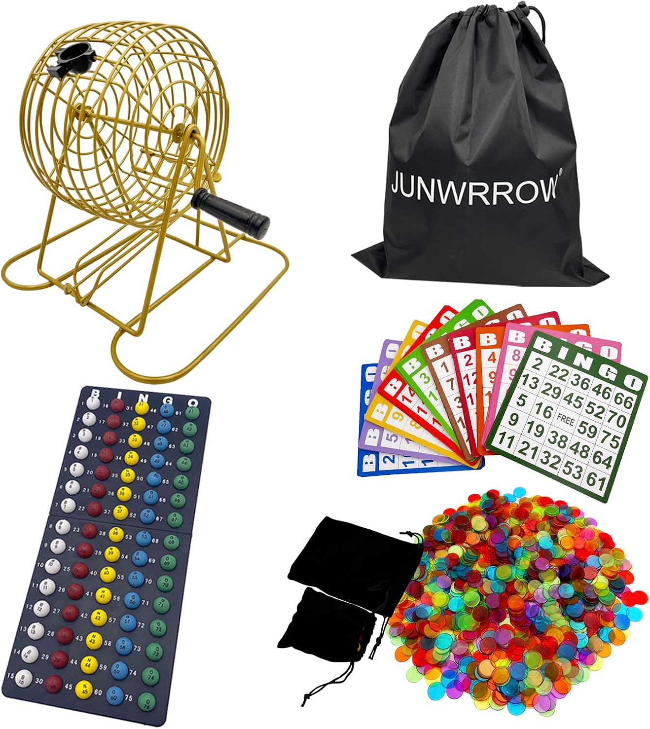 JUNWRROW Deluxe Bingo Game Set with Storage Bag- Includes 6-Inch Antique Gold Rotary Cage,75 Calling Balls,100 Mixed Cards,1000 Colorful Chips, Master Board&Carry Bag for Family Party,Large Groups