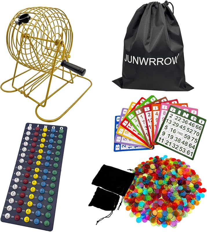 JUNWRROW Deluxe Bingo Game Set with Antique Gold Metal Bingo Cage,1000Chips | 100 Bingo Cards,75 Calling Balls,Master Board,2 Velvet Bag and Carry Bag for Family Party,Large Groups