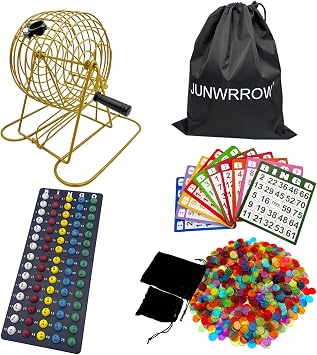 JUNWRROW Deluxe Bingo Game Set with Storage Bag- Includes 6-Inch Antique Gold Rotary Cage,75 Calling Balls,100 Mixed Cards,1000 Colorful Chips, Master Board&Carry Bag for Family Party,Large Groups