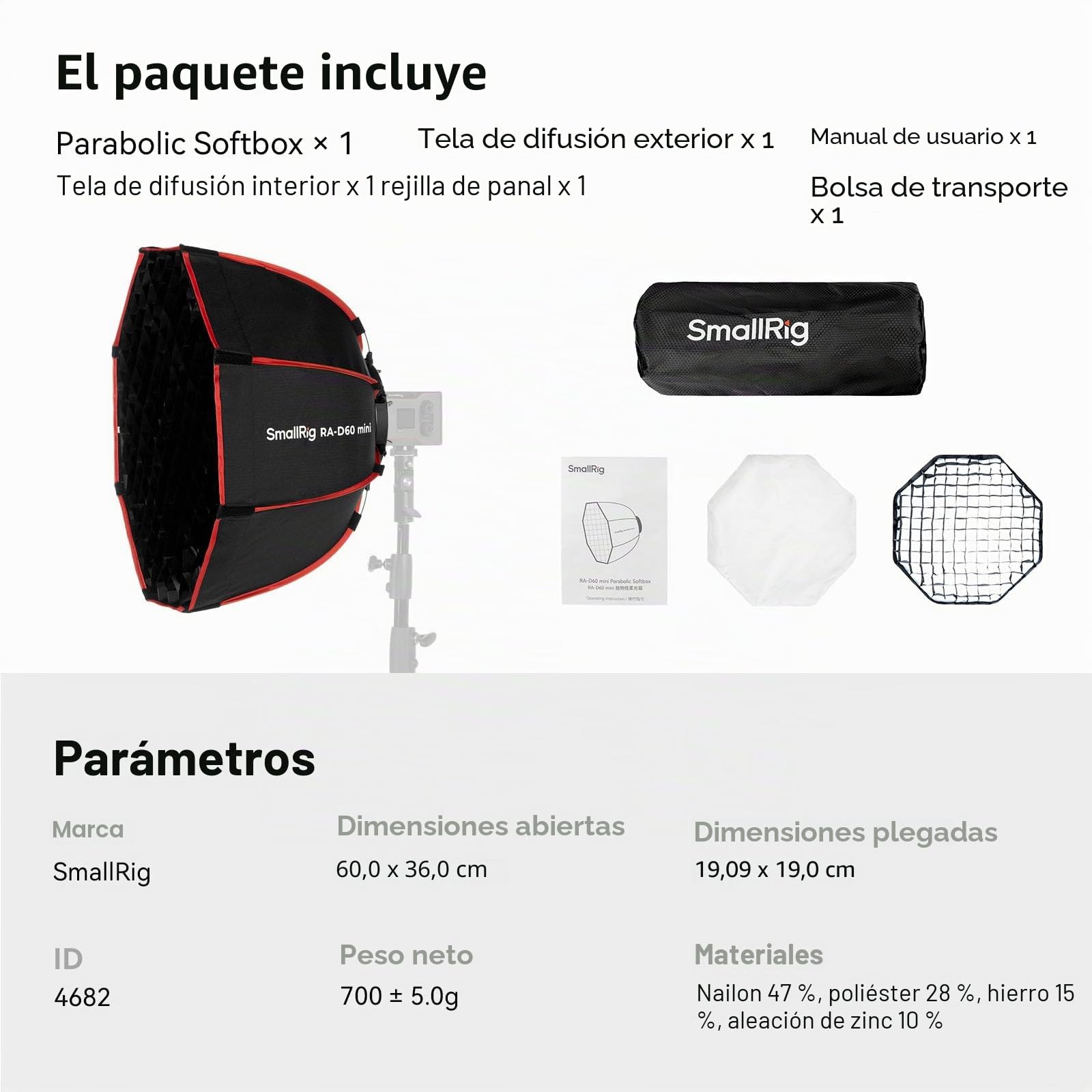 SMALLRIG RA-D60 Softbox Parabólico, Softbox de Liberación Rápida de 23,6" con Bolsa de Transporte, Compatible con Luz de Vídeo SMALLRIG RC 60B COB - 4682