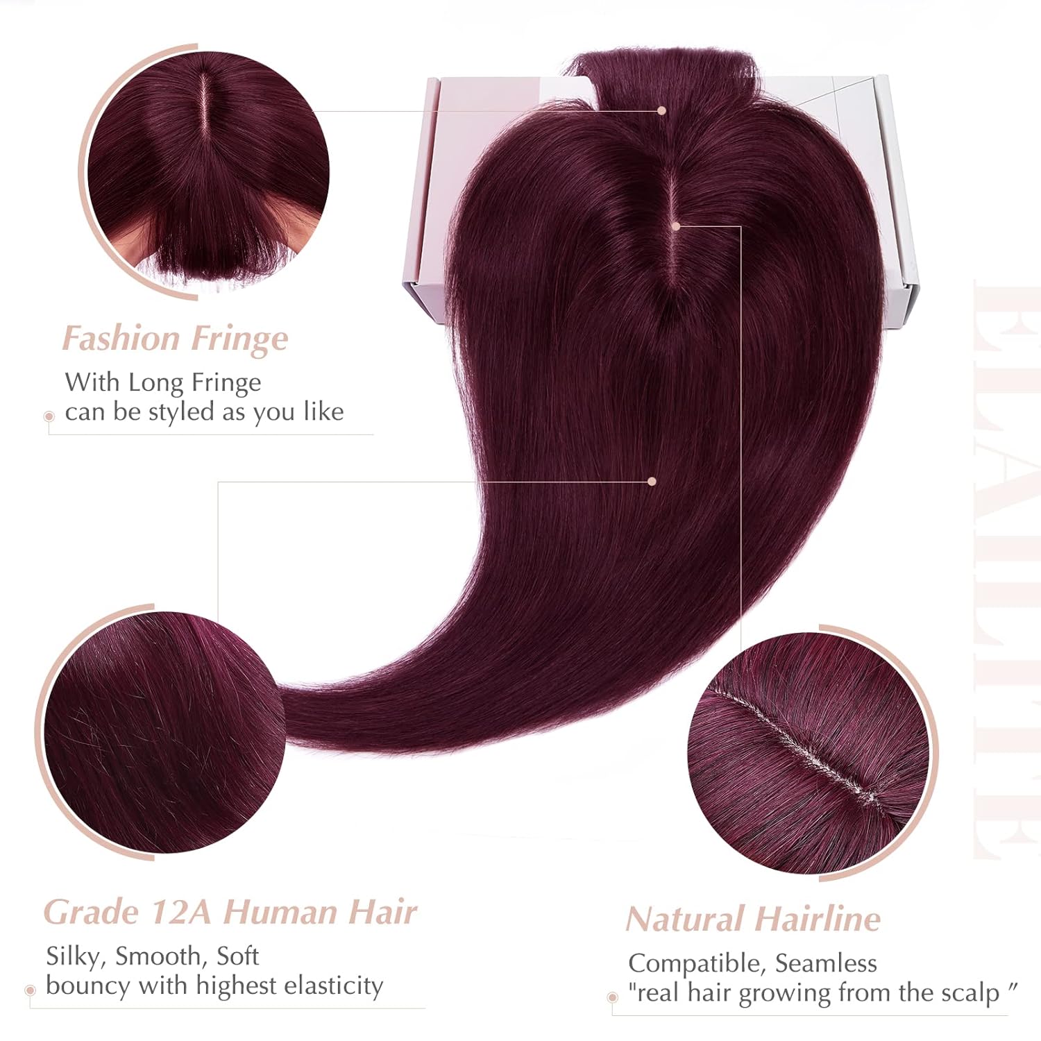 Elailite Hair Toppers for Women Real Human Hair Topper with Bangs Thinning Thin 5.1"x2.8" Silk Base Clip in Remy Hairpieces 8 Inch Burgundy