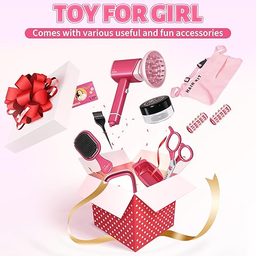 Miniatura 7 de Kit de peluquería de princesa para peluquería, juego de juguetes de maquillaje para niños pequeños. Incluye secador de pelo, rizador, espejo.