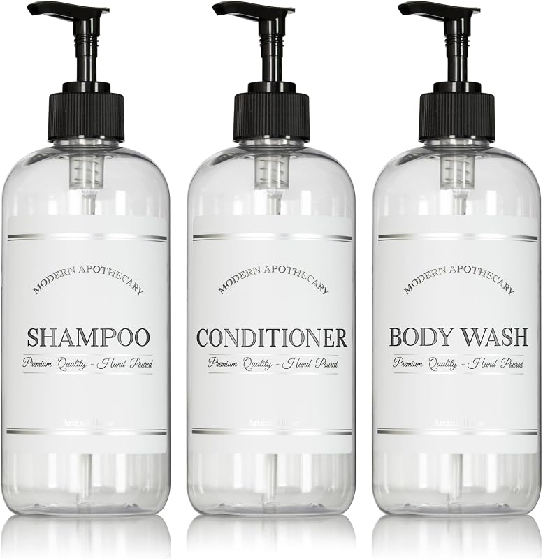 Conjunto com 3 frascos recarregáveis para shampoo, condicionador e sabonete líquido Artanis Home, PET preto, com válvula pump de 473 mL