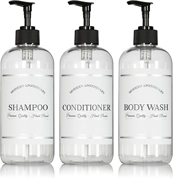 Clear Refillable Shampoo and Conditioner Bottles - Body Wash, Shampoo and Conditioner Dispenser - PET Plastic Shampoo Bottles Refillable with Pump - Waterproof Labels - 16 oz, 3 Pack Black Plastic