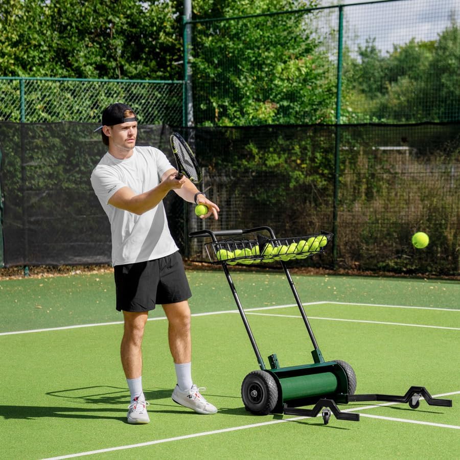 Vermont Tennis Ball Collector Mower | 120 Ball Capacity - Rolling Pickup Drum with Steel Frame - Large Wheels & Dual Basket Feeder - Tennis & Padel Training Equipment