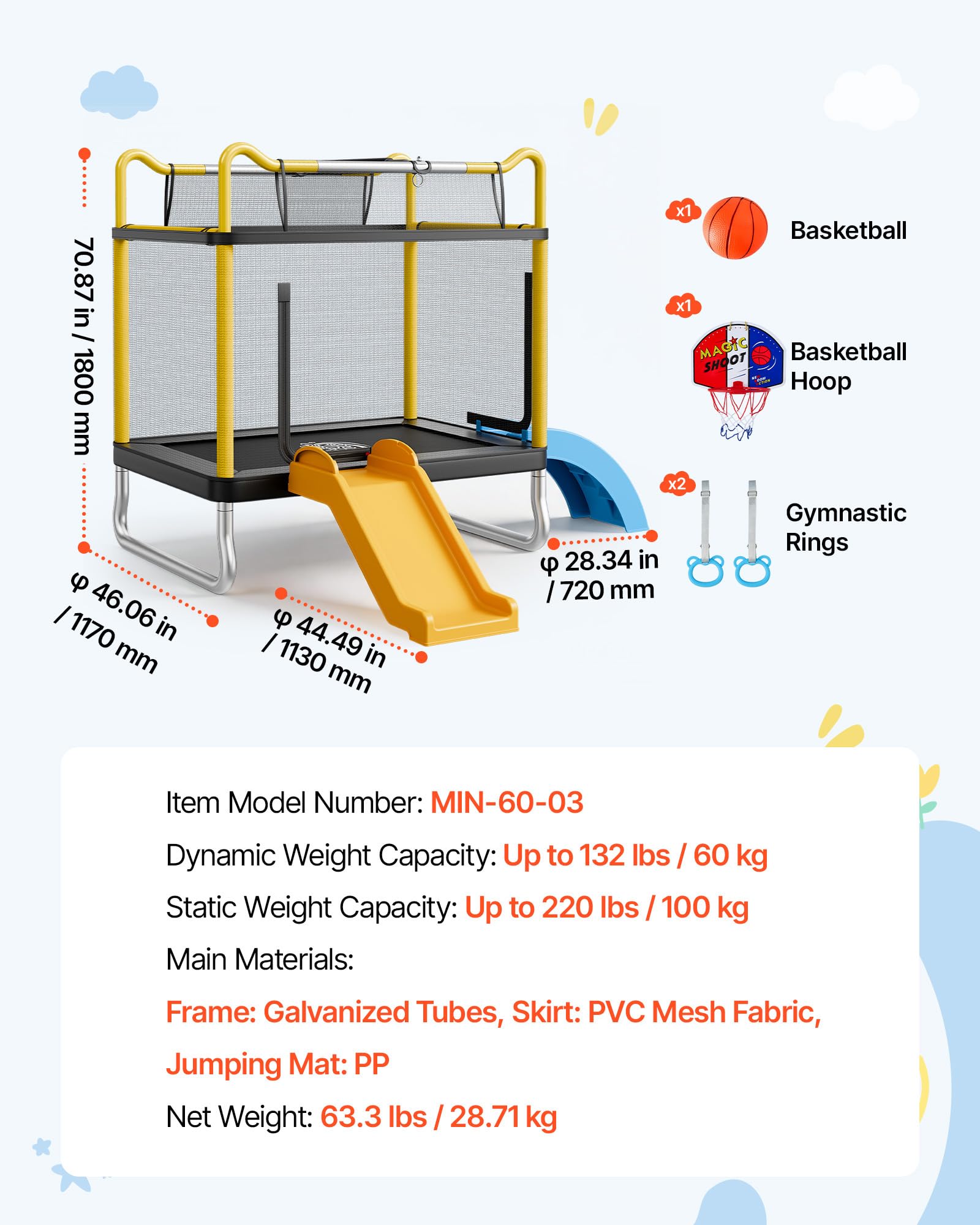 VEVOR Trampolín Infantil Cama Elástica para Niños Rectangular Carga 60 kg, con Red de Seguridad, Toboganes y Aro de Baloncesto, Marco de Tubos Galvanizados, Lona de Salto de PP, Regalo de Cumpleaños