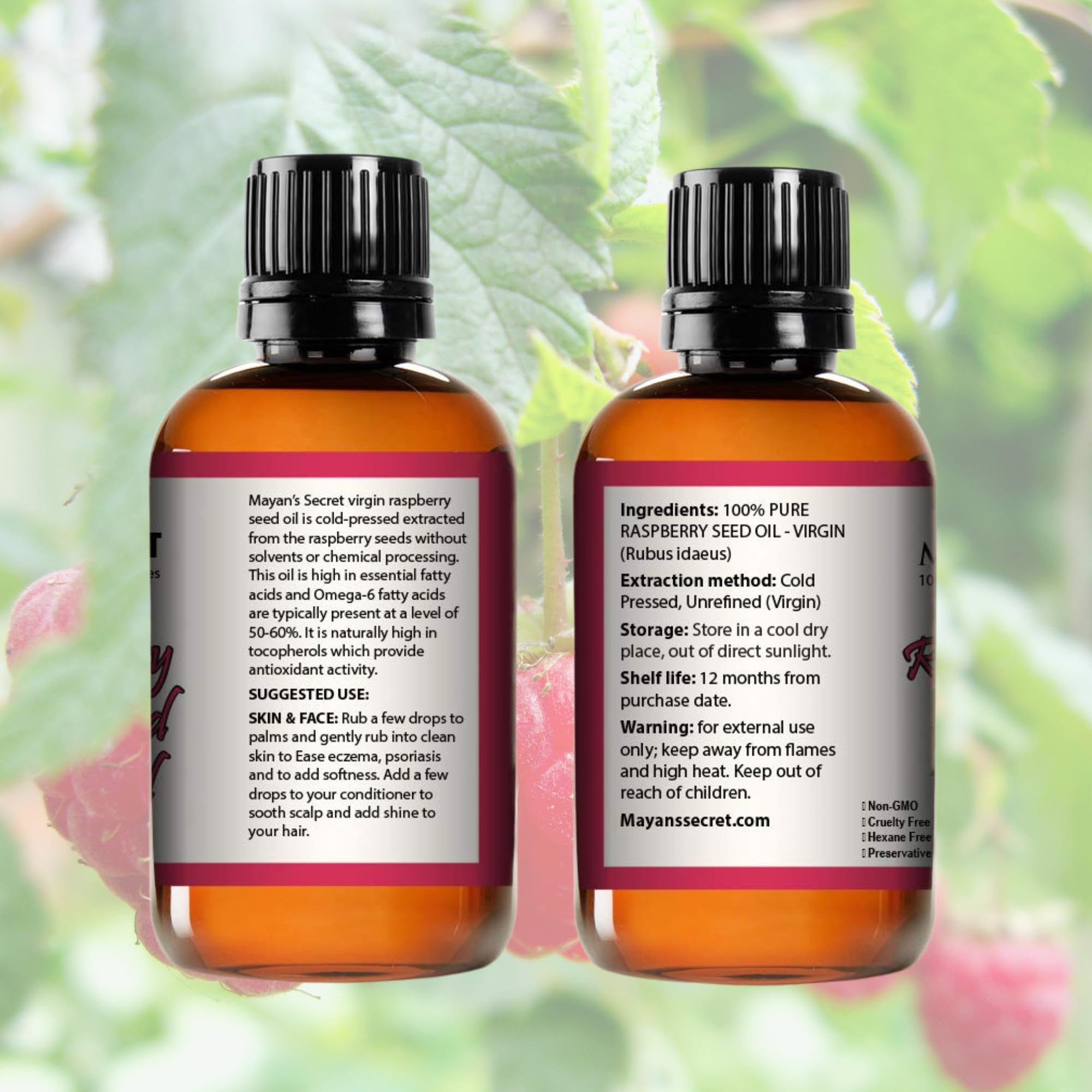 Mayan's Secret Oli vettori e essenziali puri per la cura di pelle, capelli e corpo, idratante viso e anti-invecchiamento (semi di lampone rosso, 113 ml)