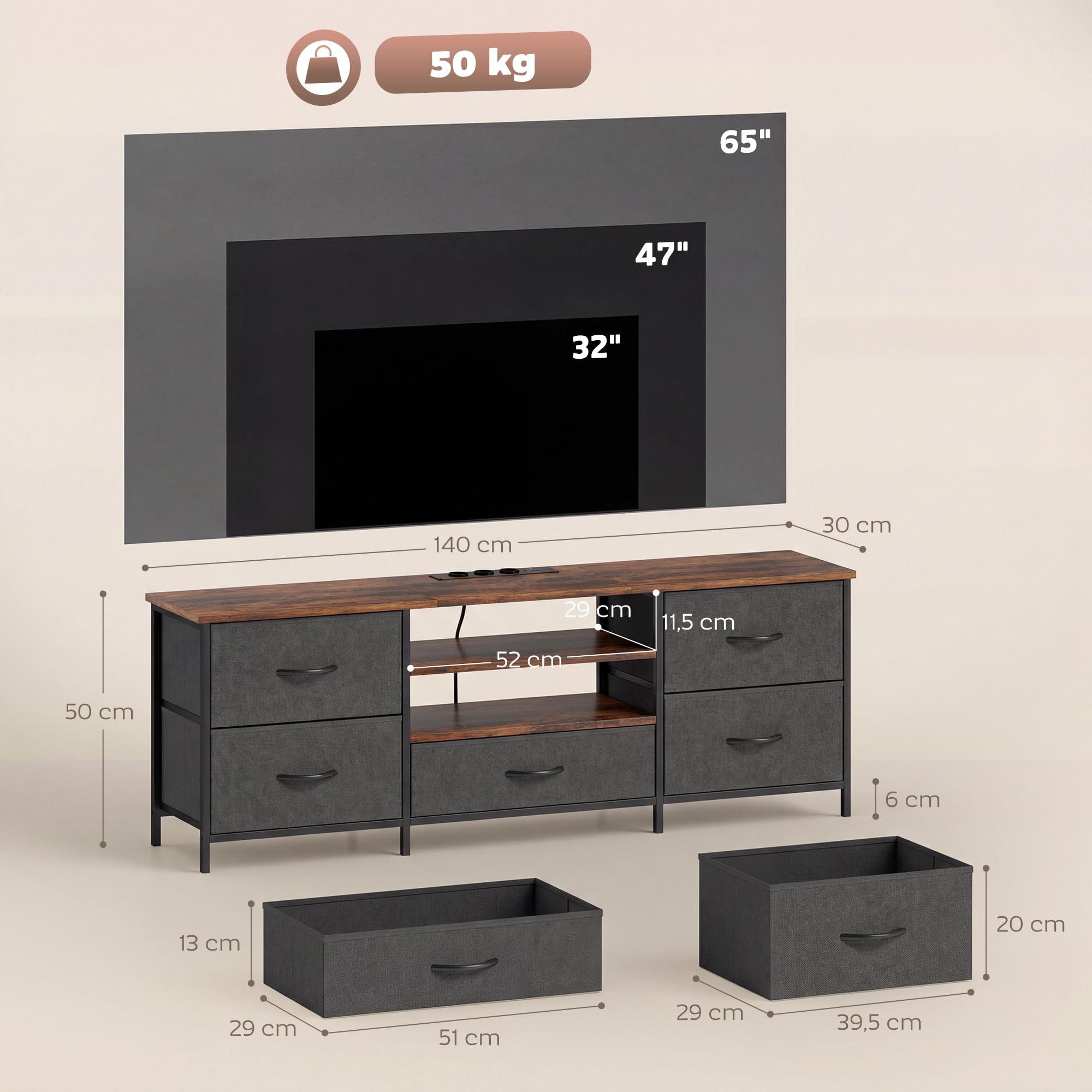 HOMCOM Szafka pod telewizor 140 cm ze stacją ładującą, 5 szufladami z tkaniny, otwarte półki i stalowa rama, szafka pod telewizor do salonu, sypialni, ławka pod telewizor do 65 cali, rustykalny brąz