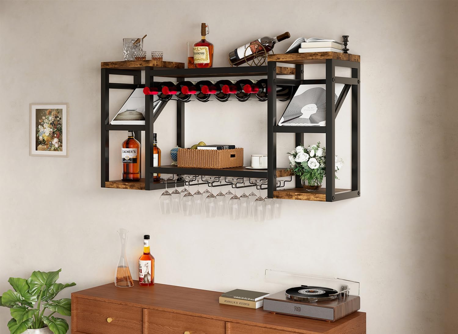 Wine Rack Wall Mounted, Wall Wine Rack with Glass Holder & Bottle Holders Display Storage for Home Bar Kitchen Dining Living Room