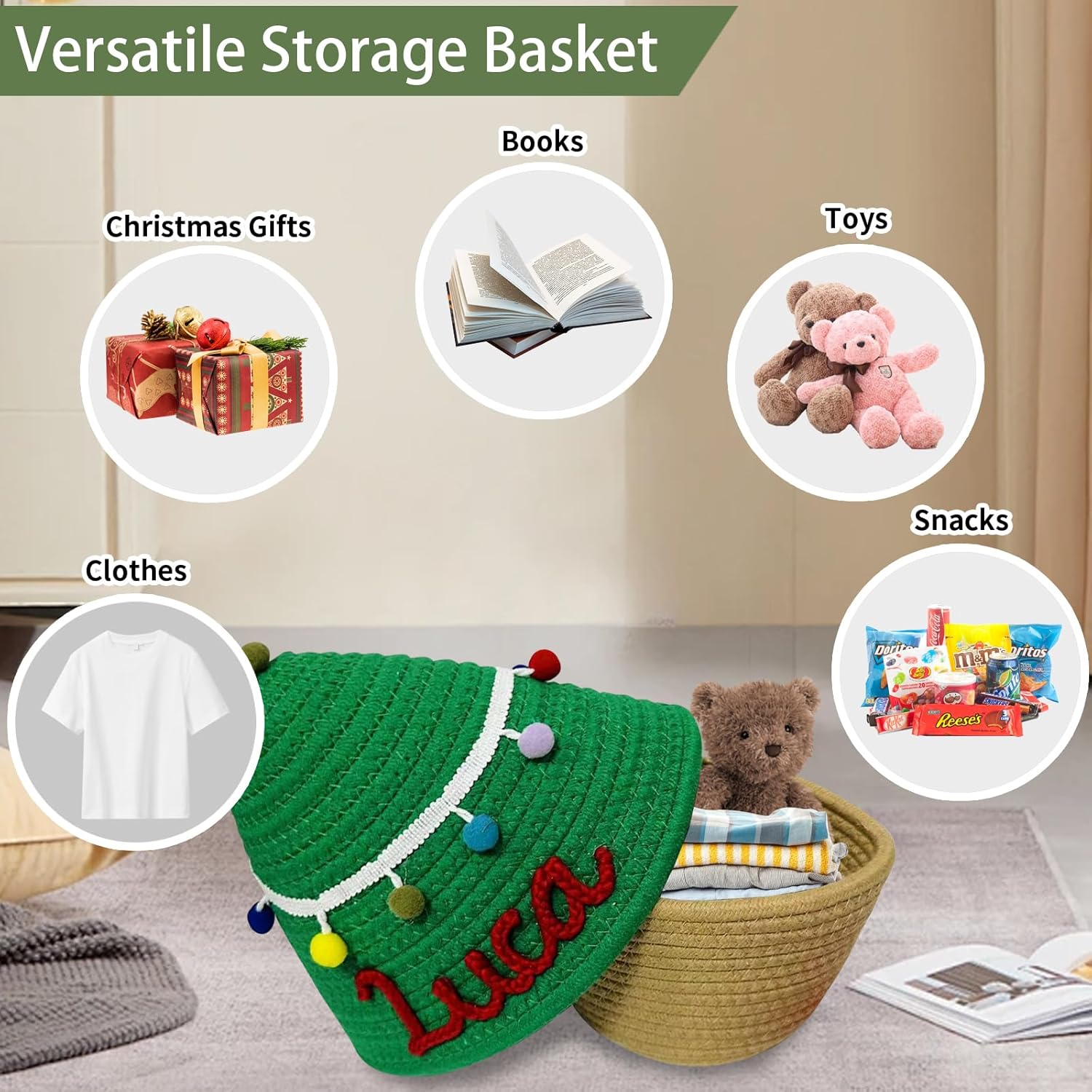 Personalized Woven Basket, Xmas Gift Basket with Name, Blank Basket, Cotton Linen Basket, Laundry Basket, Xmas Gifts, Gift Bucket for Kid's Adult Pets, Xmas Toy Candy Basket, Large Storage Basket