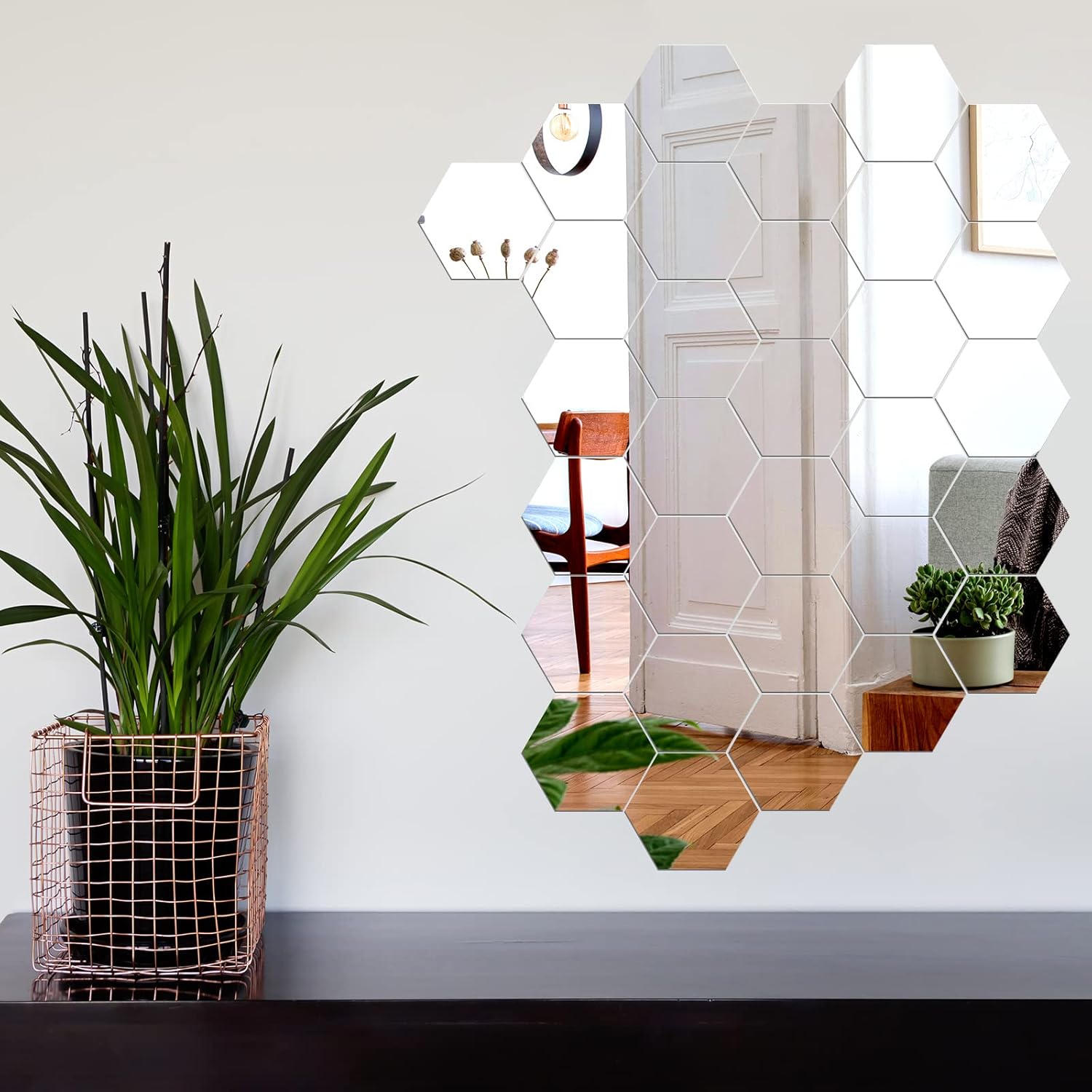 Jetec 32 Pcs 2 x 3.4 x 4 Inch Hexagonal Mirror Glass Wall Mirror Bulk Self Adhesive Flat Flexible Wall Glass for Table Centerpieces for Bedroom Bathroom Home Living Room Decor Craft