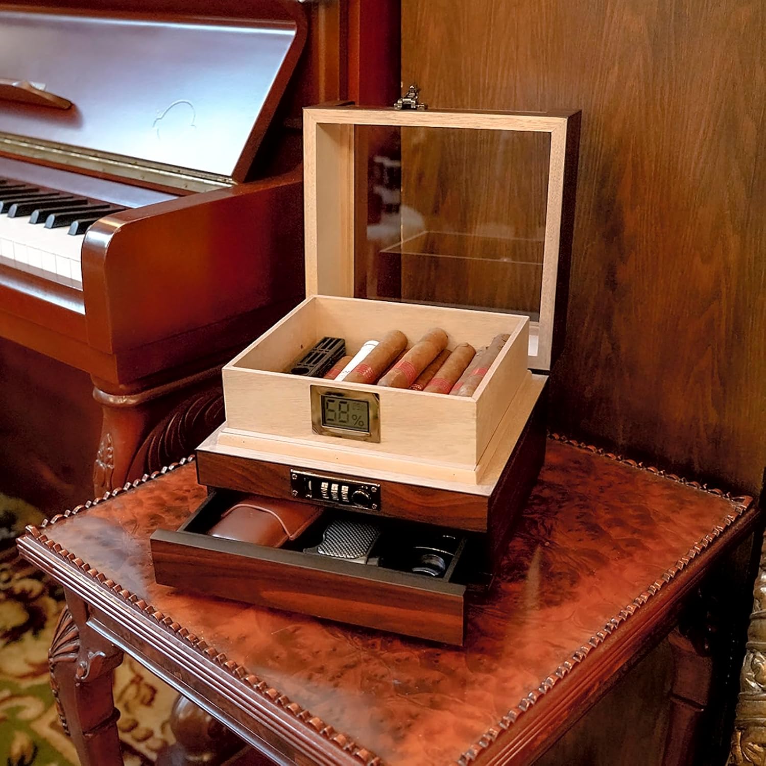 Wudytim Cigar Humidor, Handcrafted Top 270° Spanish Cedar Cigar Box with Easy Humidification System, Accurate Digital Hygrometer for 25 Cigars (25-60 Cigars) - Image 7