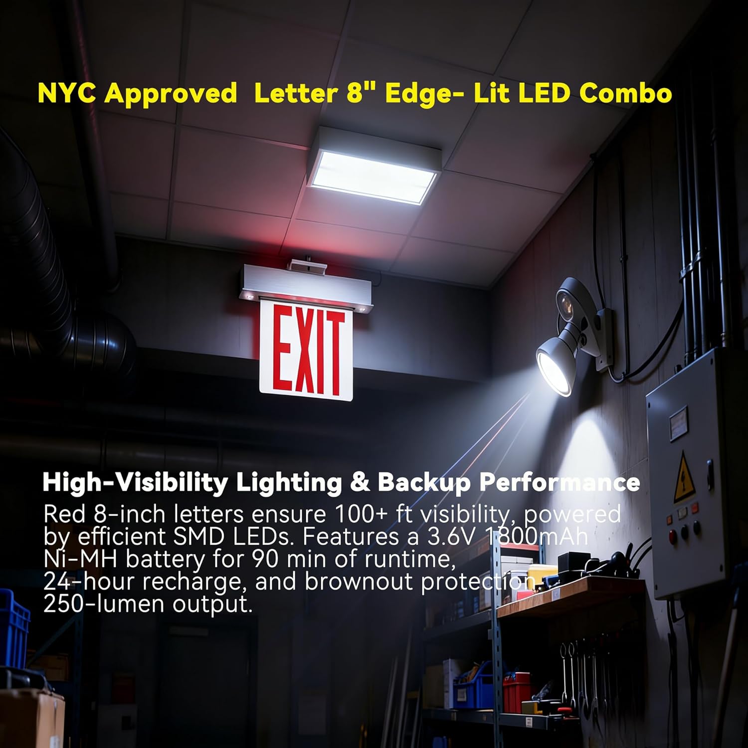 NYC Approved Surface Mount Exit Sign & Emergency Light Combo, Double-Sided Acrylic Panel Exit Sign, Red, 8” Height Letter, 90 Min Backup, 250Lumen,Damp Location,120/277VAC, Adjustable Lamp Heads, UL Certified, Suitable for Office Buildings, Hotels, Hospitals