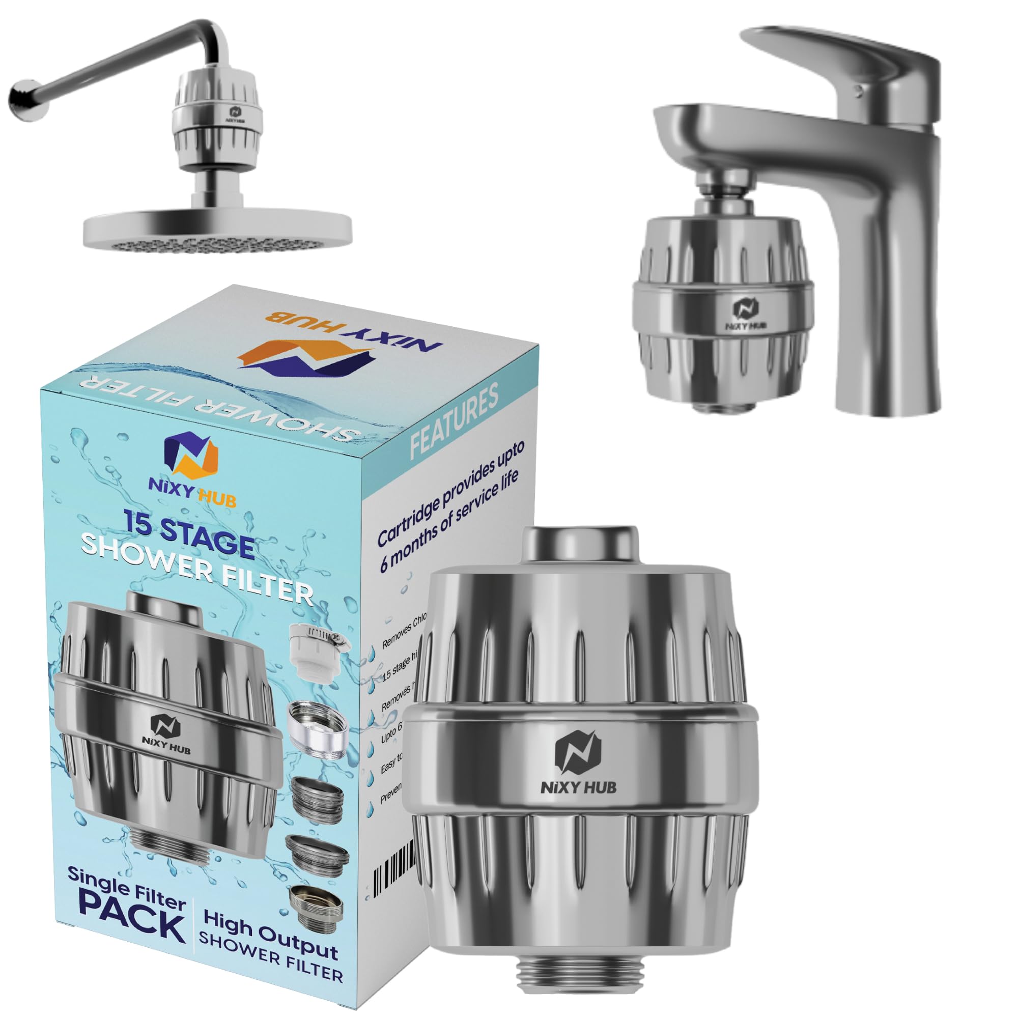 NiXY HUB 15 stages Shower filter + 5 adaptors for taps - Activated Carbon for Chlorine Removal, Skin & Hair Conditioning (B0C5JL7W2P) Amazon Price History, Amazon Price Tracker