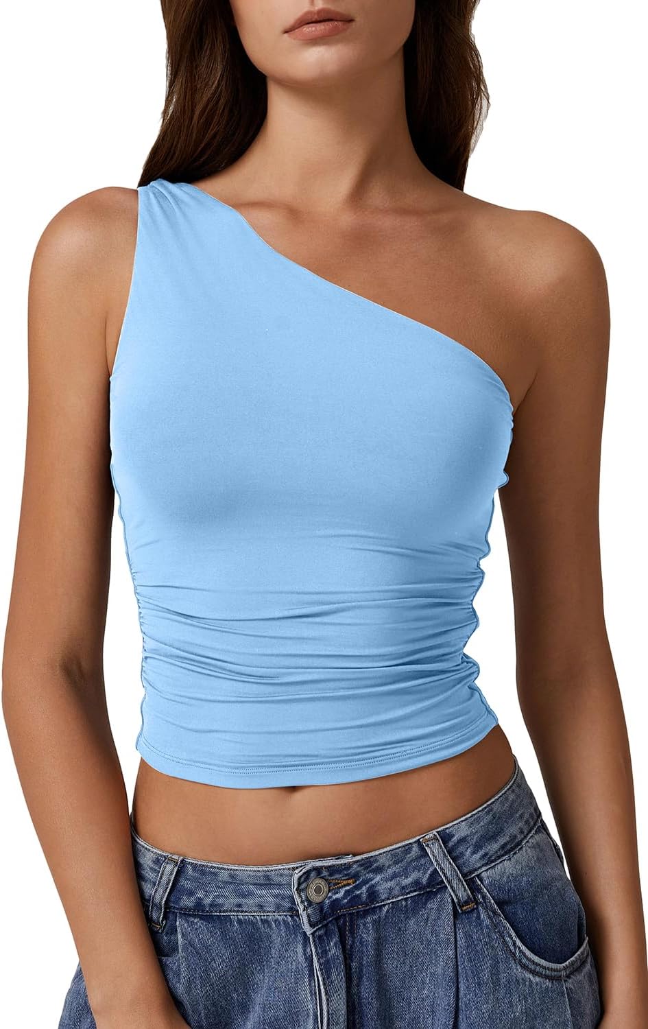 QINSEN Women's One Shoulder Tank Tops Double Lined Sleeveless Slim Fit Cropped Tee Shirt Y2k Tops