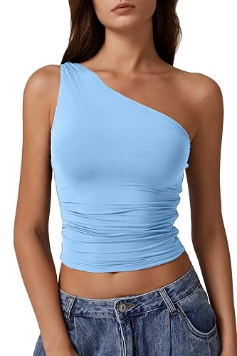 QINSEN Women's One Shoulder Tank Tops Double Lined Sleeveless Slim Fit Cropped Tee Shirt Y2k Tops - Small - Sky Blue