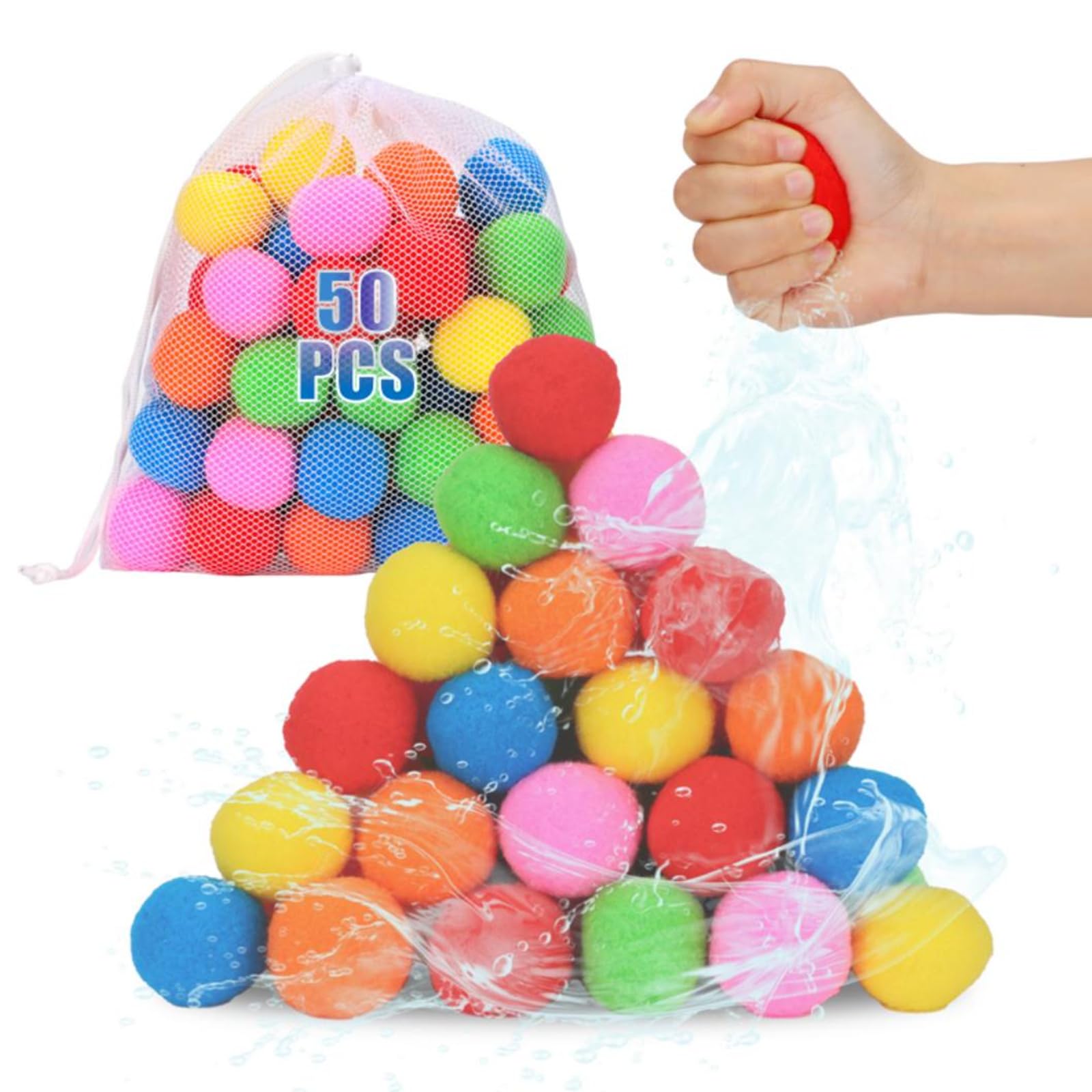 50 Pcs Reusable Water Balloon, Water Soaker Balls Water Toys Bulk with Bag Soft Cotton Beach Balls Pool Water Toys for Kids & Adult Water Toys Outdoor Summer Fun Activities Yard Games Summer Gift