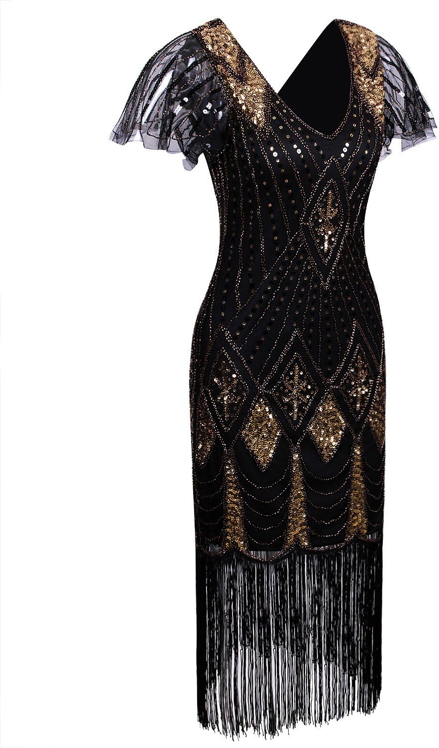 Vijiv Women's 1920s Gatsby Inspired Sequin Beads Long Fringe Flapper Dress with Sleeves - Image 2