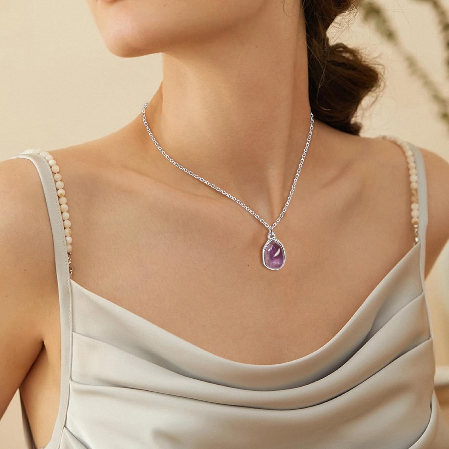 Gemstone Pendant Necklace, Crystal Necklace Teardrop Pendant Necklace Stone Bezel Pendant Necklace Stainless Steel Adjustable Length 16 + 2 inch Jewelry Gifts for Women - Image 2
