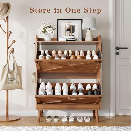 Miniatura 6 de Gabinete de Almacenamiento de Zapatos con 2 Cajones Abatibles y Estantes Ajustables, Gabinete Estrecho de Almacenamiento de Zapatos con Puertas y