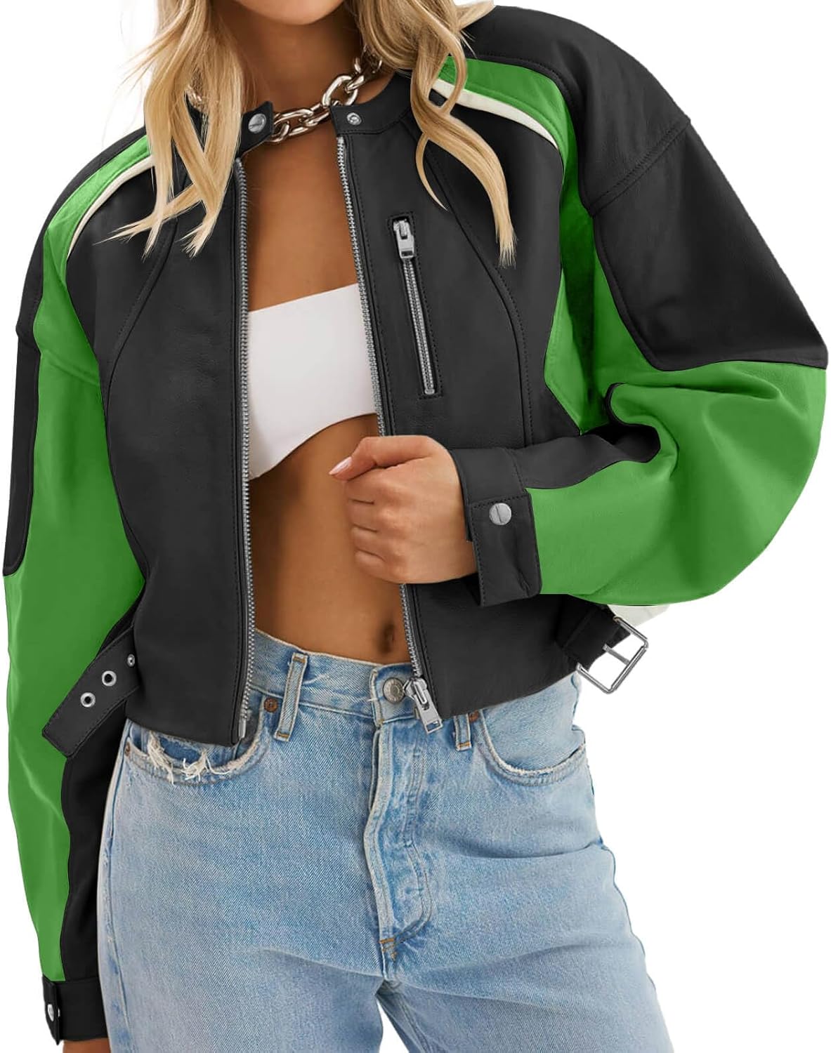 Tankaneo Womens Faux Leather Bomber Jackets Cropped Zip Up Color Block Fall Casual Moto Biker Coats