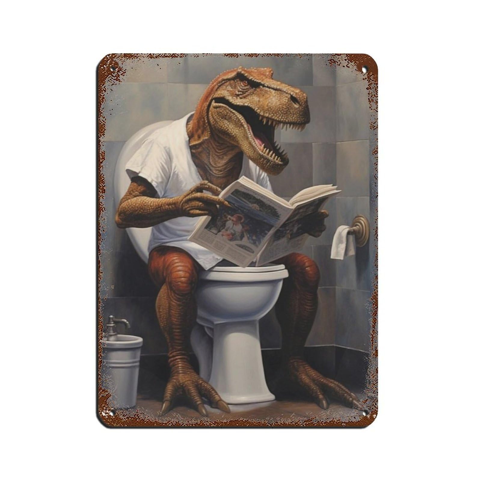 Dino Reading Newspaper Poster Retro Poster Metal Tin Sign Chic Art Retro Iron Painting Bar People Cave Cafe Family Garage Poster Wall Decoration 12x16inch(30x40cm)