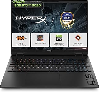 HP HyperX OMEN 15, AMD Ryzen 7 260, 8GB-RTX 5050, 24GB DDR5 (Upgradeable), 1TB SSD, 180Hz, 2.5K, 500 nits, 3ms resp time, 15.3''/38.9cm, Win11, Office24, Black, 2.42kg, gb0038AX, RGB, AI Gaming Laptop