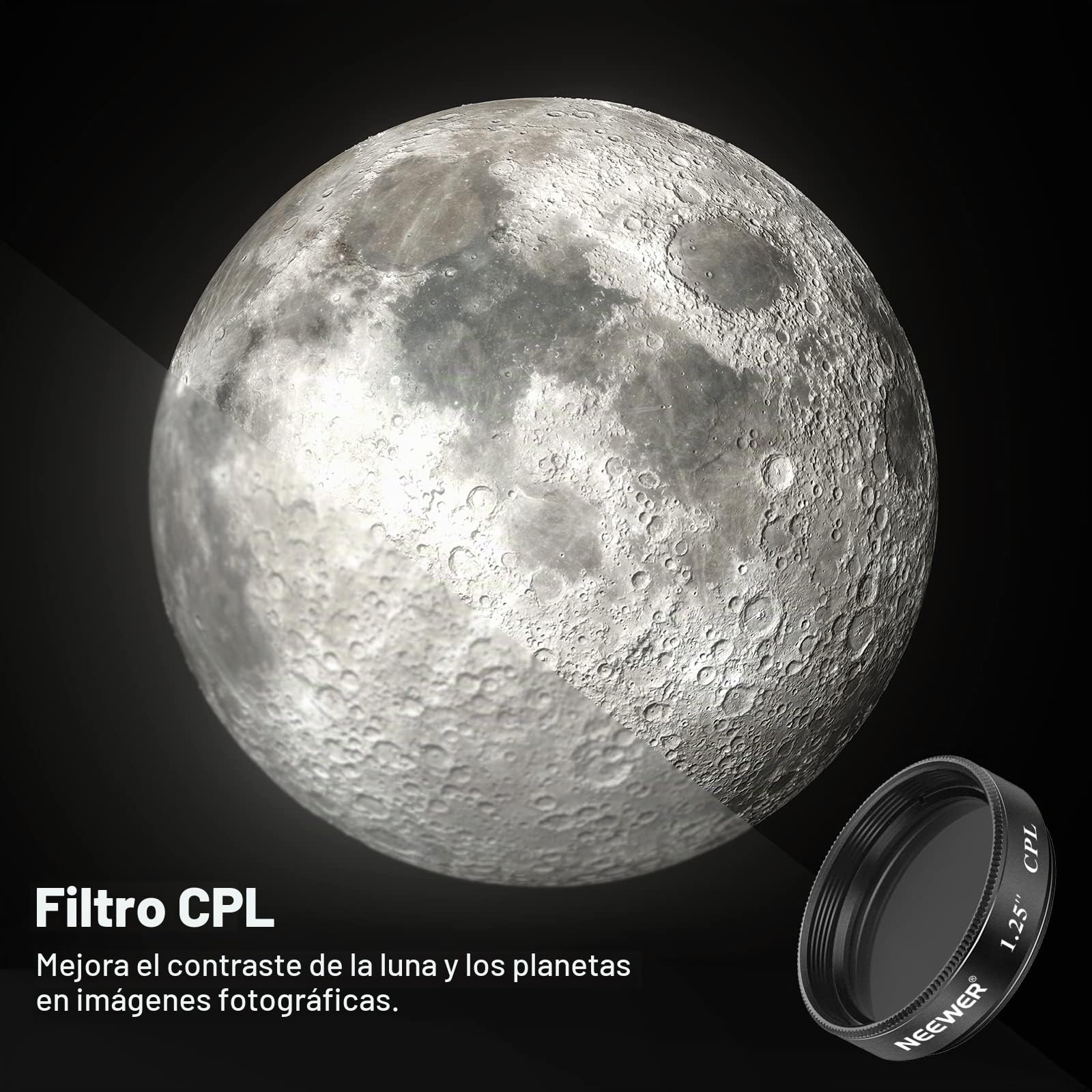 NEEWER Juego de 7 Filtros de Telescopio de 1,25", Que Incluye 5 Filtros de Color (Rojo/Naranja/Amarillo/Verde/Azul), Filtro Lunar Starglow, Filtro CPL para Observación Lunar y Astrofotografía