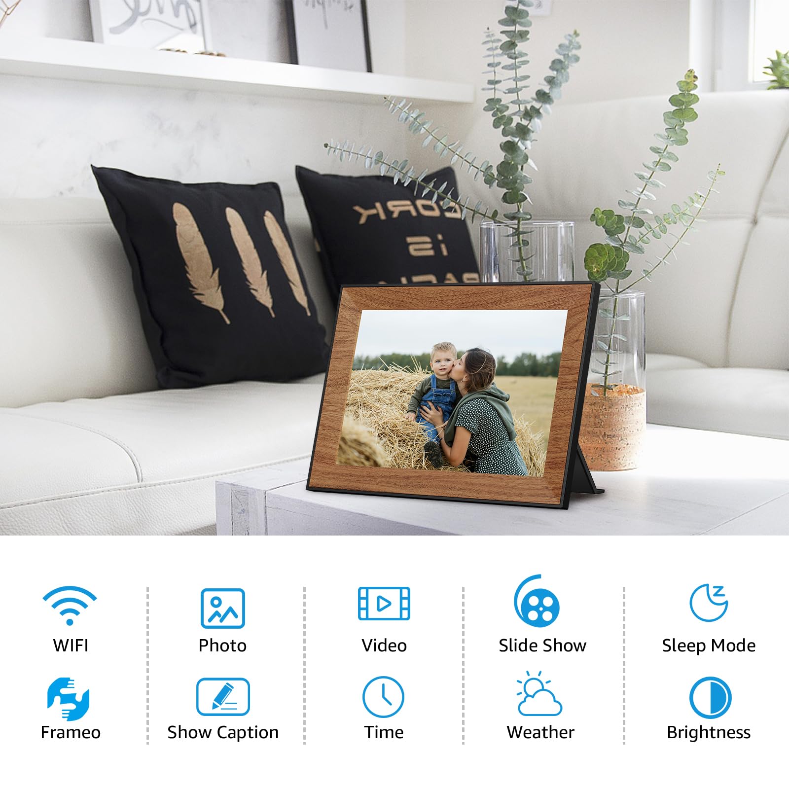 Cadre photo numérique Frameo, cadre photo WiFi avec écran tactile IPS de 10,1 pouces 1280x800, rotation automatique, partagez des photos sur le cadre photo électronique via l'application Frameo