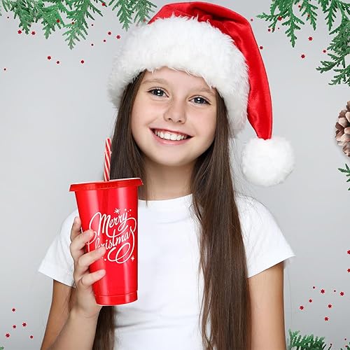 Miniatura 5 de Tioncy 50 vasos de plástico de Navidad con tapas y popote a granel, vasos de plástico de Navidad reutilizables de 25 onzas, tazas de Navidad para
