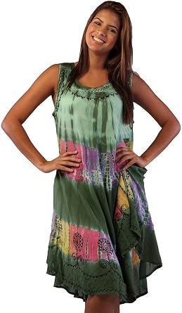 INGEAR Soft Rayon Casual Hand Tie Dye Neck Ari Short Beach Dress Tunic Coverup One Size, Green