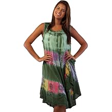 INGEAR Soft Rayon Casual Hand Tie Dye Neck Ari Short Beach Dress Tunic Coverup One Size, Green