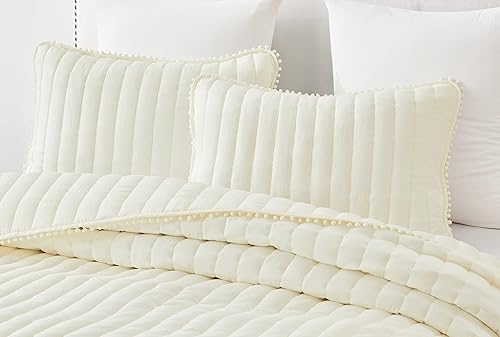 Miniatura 2 de Chezmoi Collection Iris - Juego de edredón de 3 piezas con pompones, color rosa rubor, colcha acolchada con punto de canal, colcha de microfibra