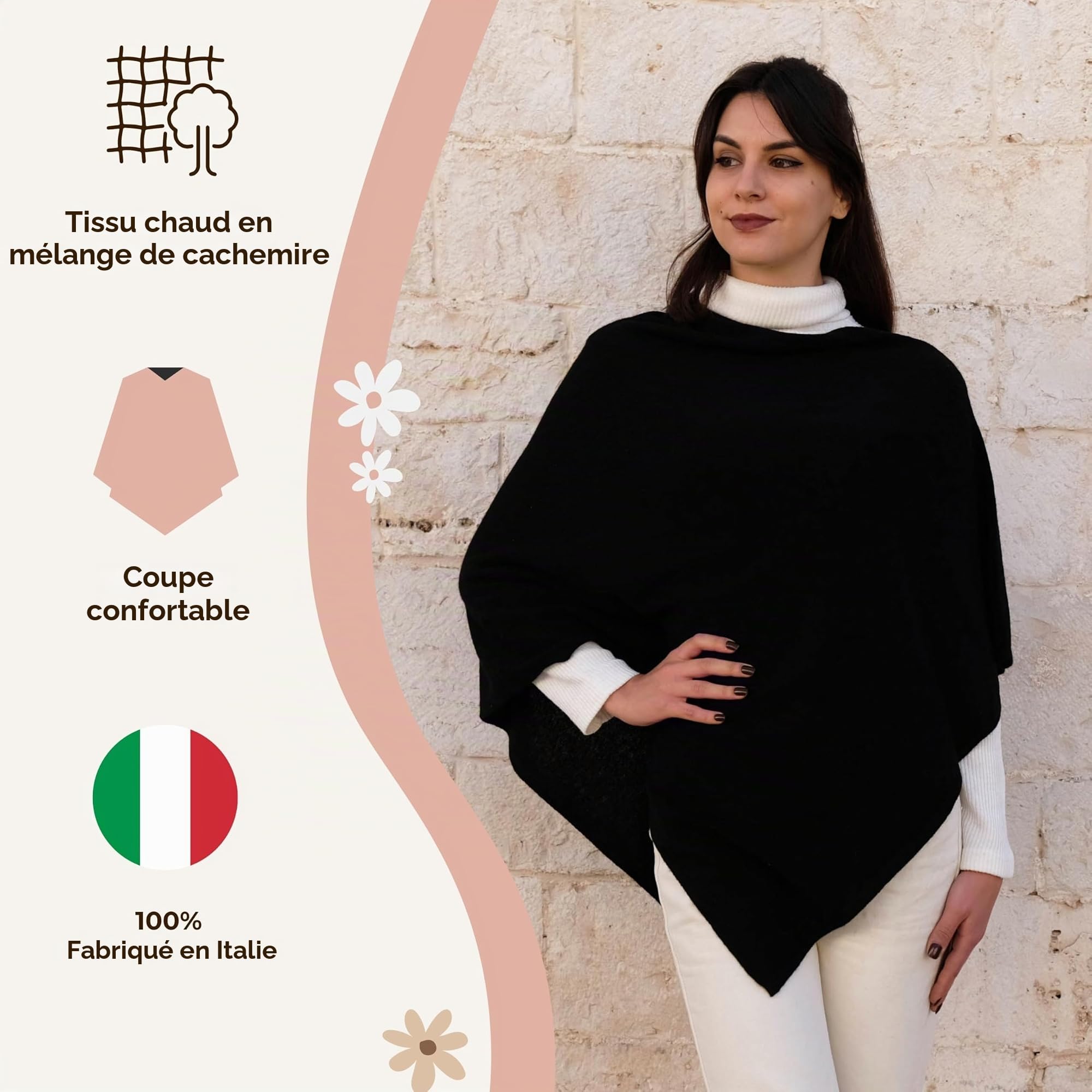 Cape Femme Hiver Chaud Chic et Elegant - Châle Poncho Femme en Laine Mélangée Made in Italy avec Essence de Fleurs de Cerisier