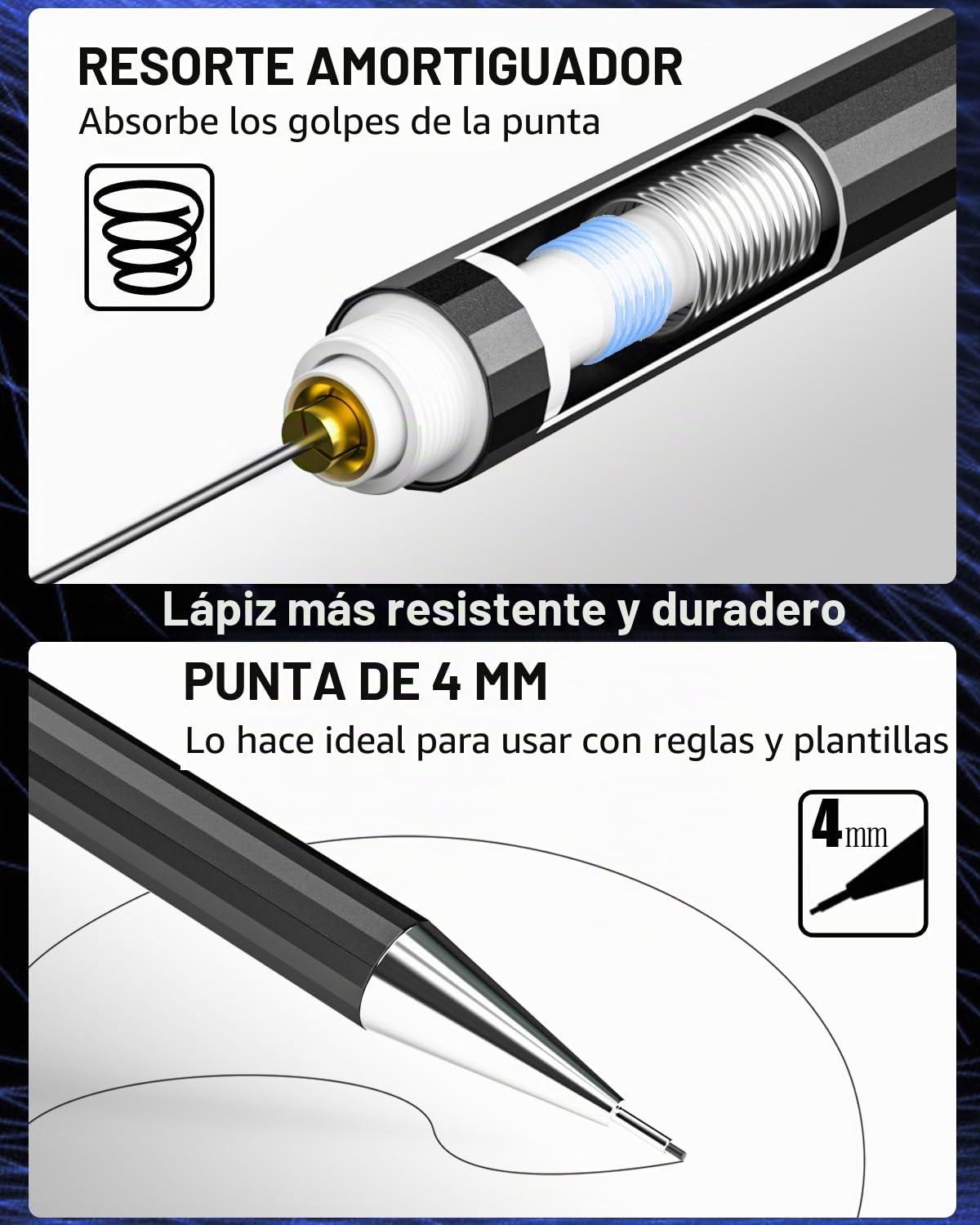 Nicpro 34 portaminas de arte negros, lápiz de dibujo de metal de 0,3, 0,5, 0,7, 0,9 mm y 2 portaminas de 2 mm (6B, 4B, 2B, HB, 2H, 4H) para dibujar bocetos, 19 tubos de repuesto para minas
