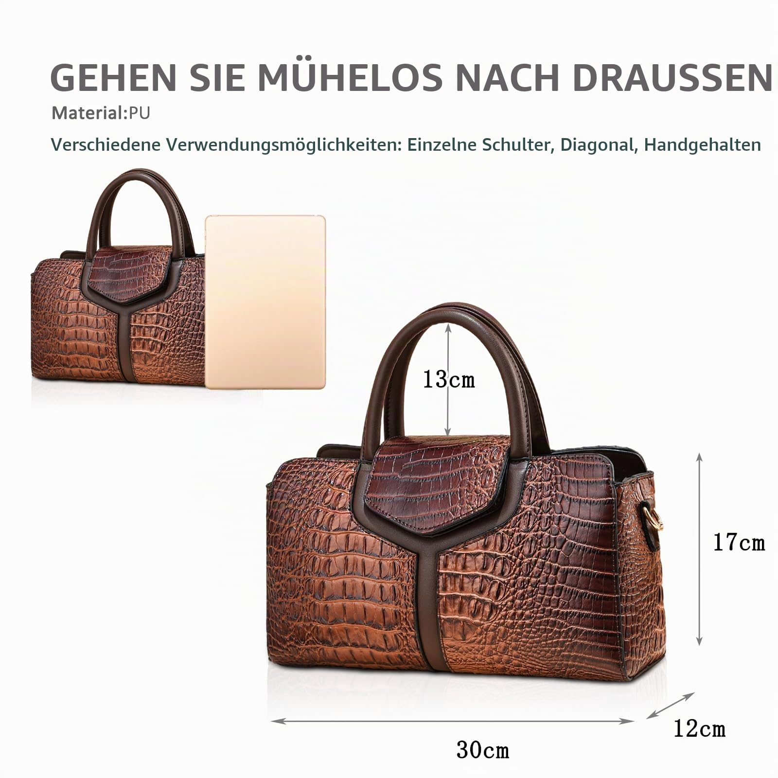 NICOLE & DORIS Handtasche Damen Krokodil Henkeltasche Elegant Schultertaschen PU Leder Umhängetasche Crossbody Bag Frauen Satchel Handtasche Clutch Tasche Kaffee