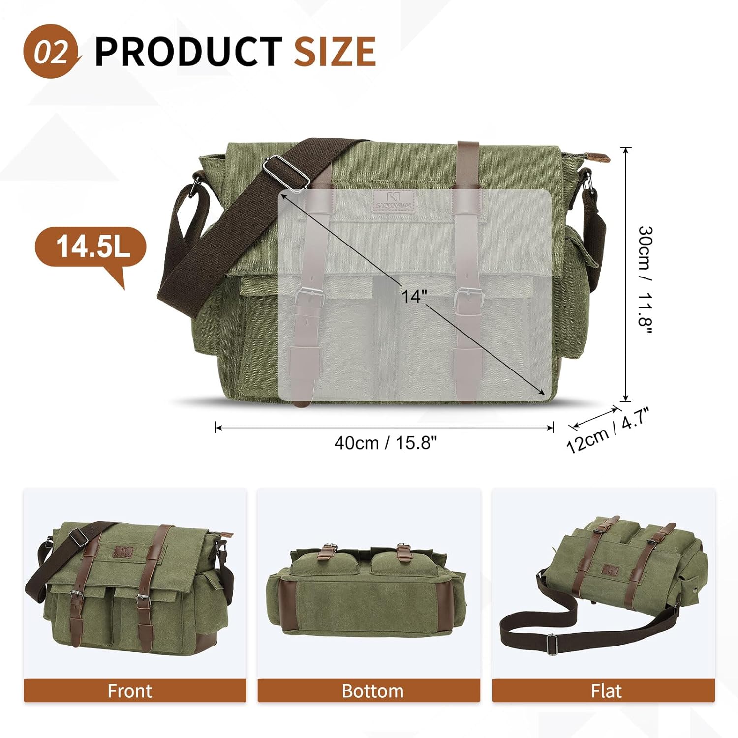 Canvas Crossbody Bag for Men and Women, Vintage Shoulder Bag with Multiple Pockets and Adjustable Strap, Fits 13 Inch Laptops, Green - Image 3