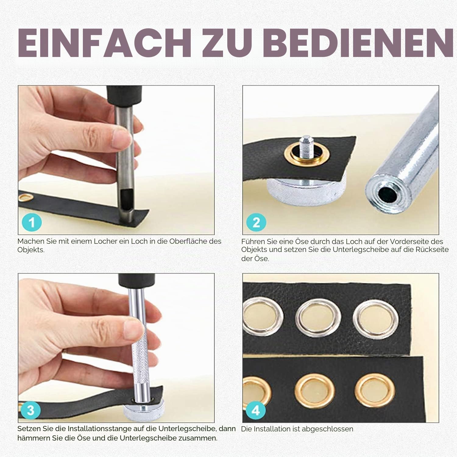 Swpeet 484 Stück – 240 Sets 3/20 Zoll (4 mm) Lochösen, dicke Metallösen und 3 x Einstellwerkzeug, weicher Gummihammer für die Reparatur von Leinwand, Leder