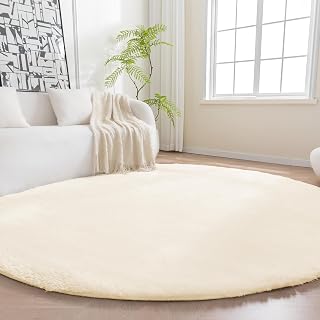 Amazon Basics Fluffy Washable Round Area Rug, Circle Shaggy Carpet for Living Room, Bedroom, Nursery, 8'R, Beige