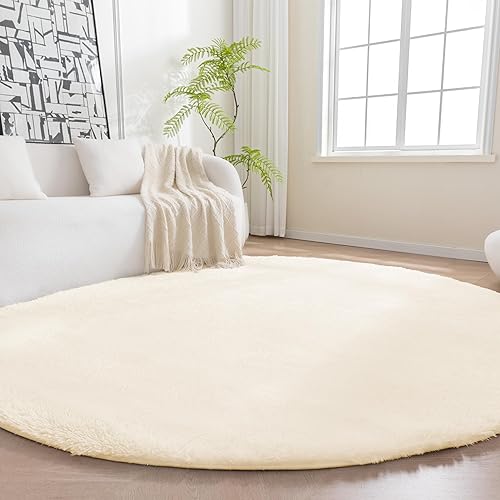 Amazon Basics Fluffy Washable Round Area Rug, Circle Shaggy Carpet for Living Room, Bedroom, Nursery, 5'R, Beige