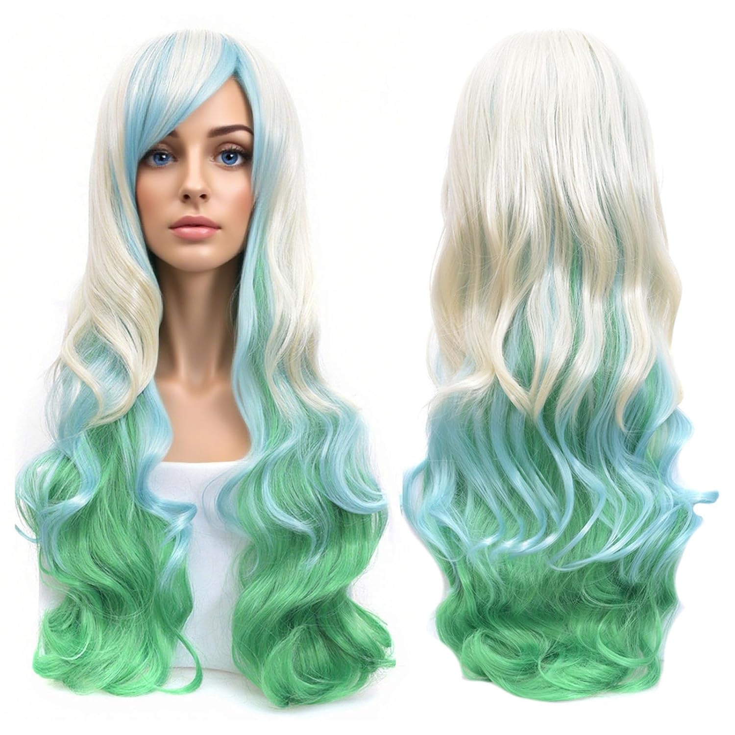WeeH Women Wigs Long Hair Heat Resistant Spiral Curly Cosplay Wig Fashion Wavy Costume Daily Party (bule green gold)