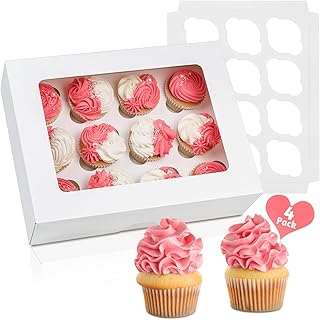 12 Count Cupcake Boxes, 4 Pack Auto-Popup White Cupcake Containers with Window and Inserts Cupcake Carrier with Holders to Fit Dozen Cupcakes and Muffins