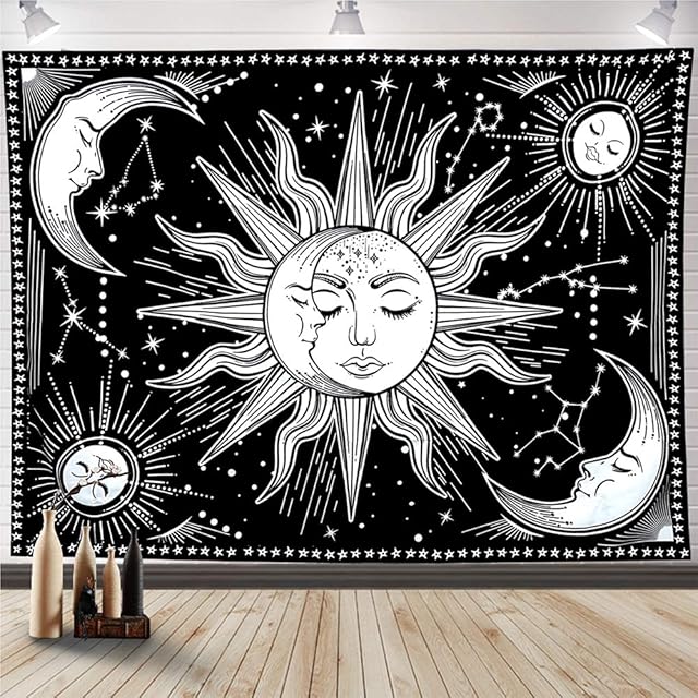 WOVTE Sun and Moon Tapestry Black and White Tapestry Constellation Astrology Tapestry Psychedelic Mystic Tapestry Wall Hanging Nature Home Decorations For Bedroom Dorm Room (150x130cm)