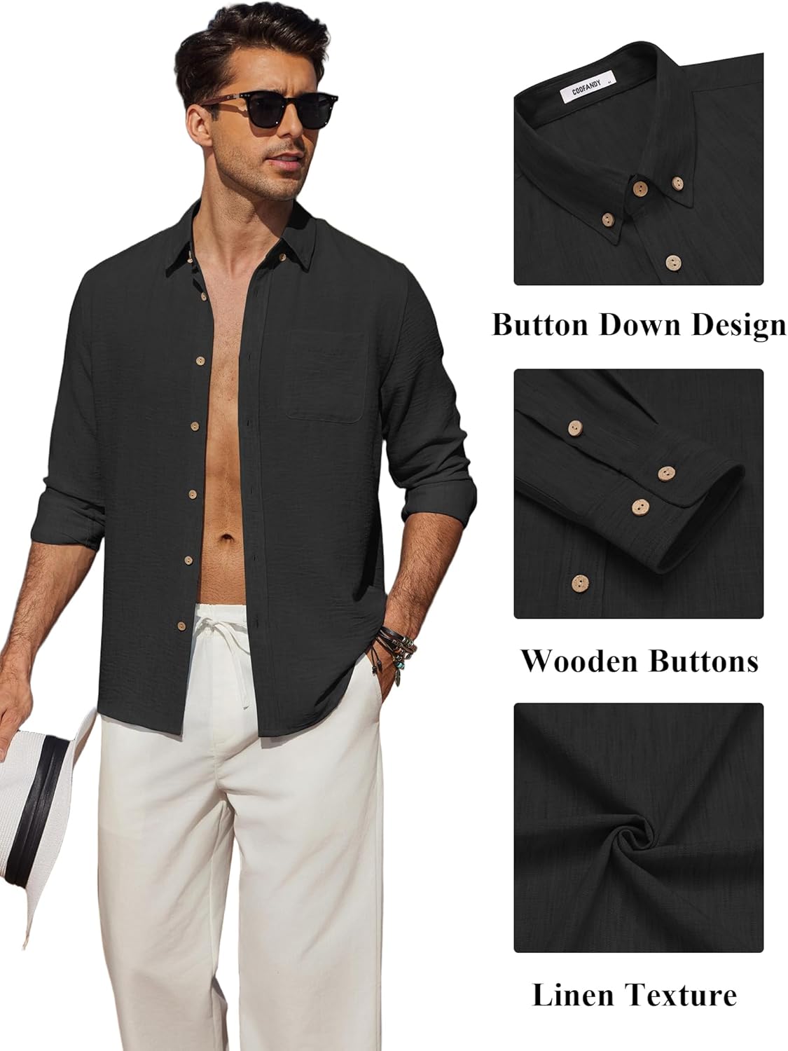 COOFANDY Men's Long Sleeve Button Down Shirt Casual Untucked Shirts Summer Beach Wedding Linen Textured Shirts - Image 4