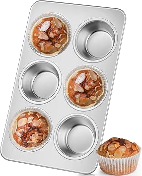 Leonyo Non-Toxic Stainless Steel Muffin Pan Metal Cupcake Pan 6 Cup | Standard Size Metal Muffin Tin Tray for Baking Cupcake Quiches, Dishwasher Oven Safe