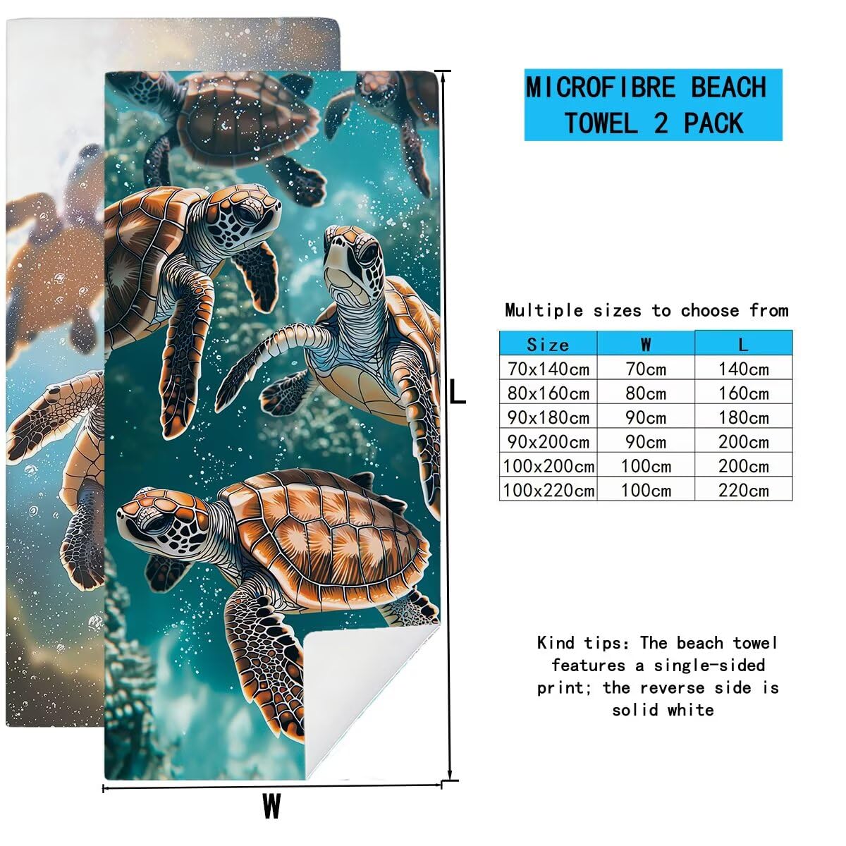 Telo Mare Microfibra, Telo Mare Grande 100x220cm 2 Pezzi, Asciugamano Palestra Donna Asciugatura Rapida, Antisabbia Asciugamano Microfibra, Leggero Asciugamani Palestra per Regalo (Tartaruga) -4306