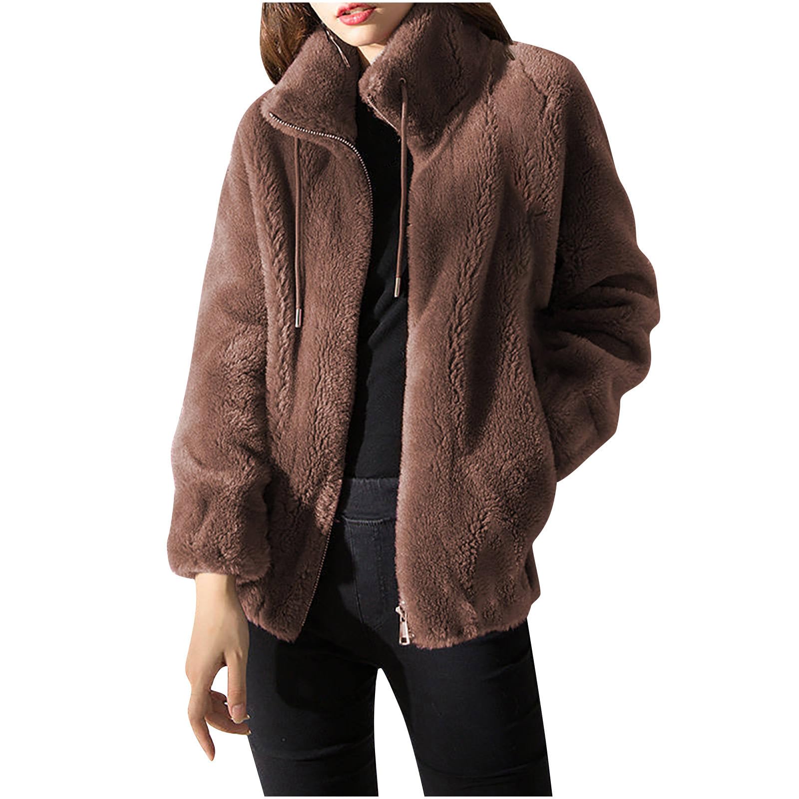 Flodxo Fleece Jacket Women Full Zip Teddy Bear Coats Plus Size Sherpa  Fleece Coats Plush Outerwear Overcoat Long Sleeve Lightweight Cardigan Stand